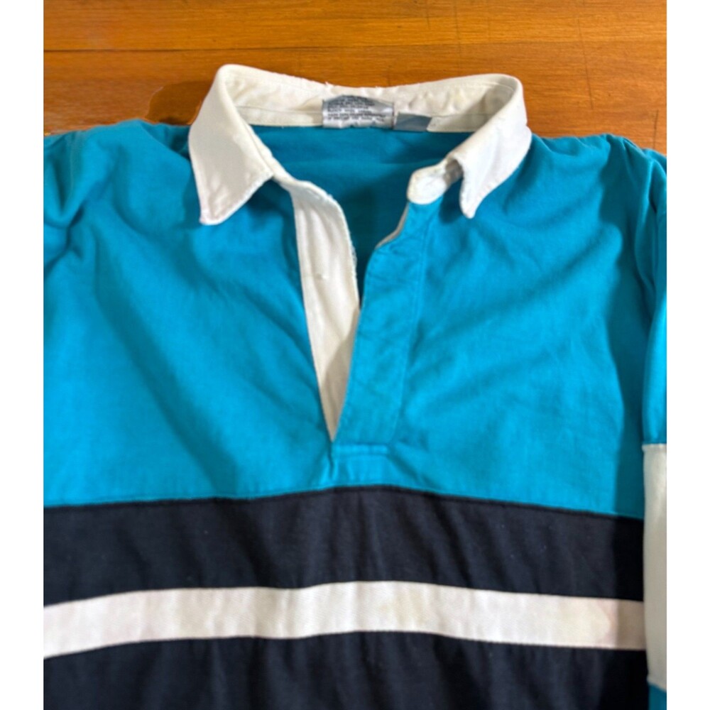 Vtg 90’s Blokecore Preppy Cotton Rugby Shirt Blue/White Colorblock Men L - Picture 13 of 16